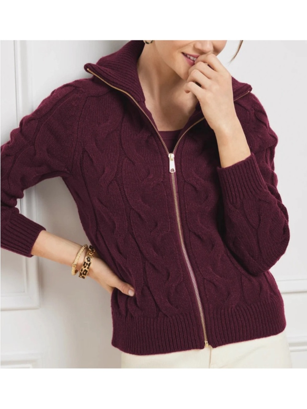 NWT Talbots Cable Knit Front Zip Cardigan Sweater Plum Maroon Plus X